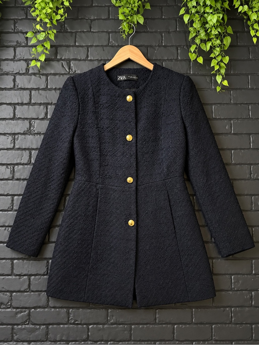 Zara Navy Textured Gold Button Long Jacket Size L
